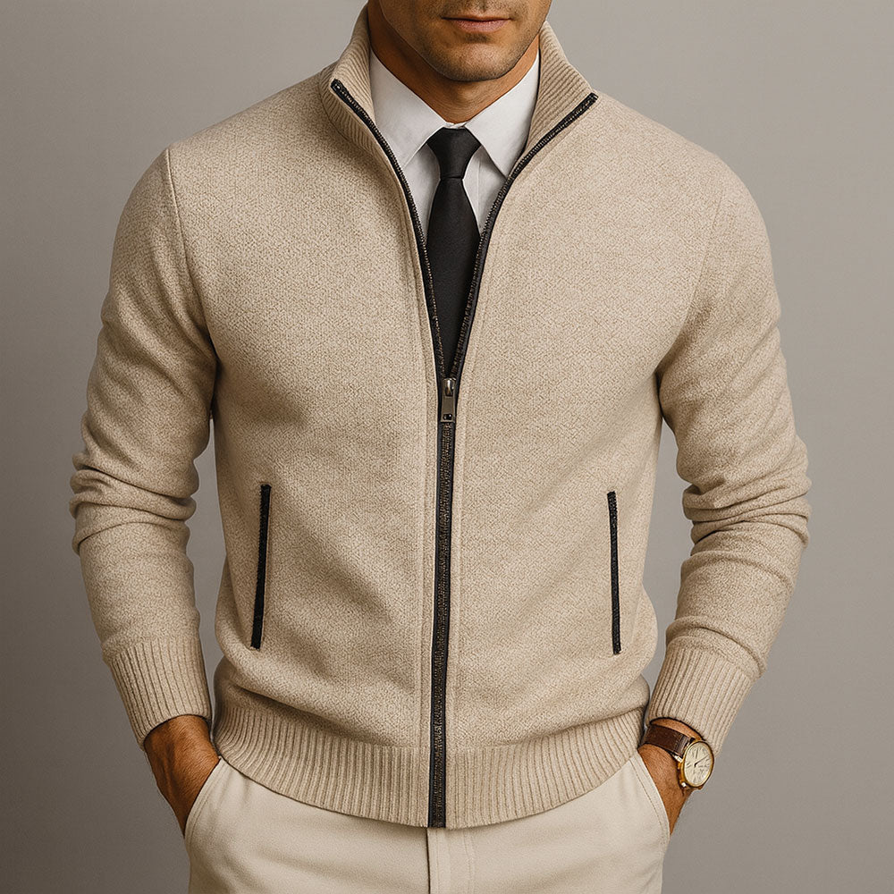 Theodore stand collar full zip knit cardigan in beige, front view with hands in pockets