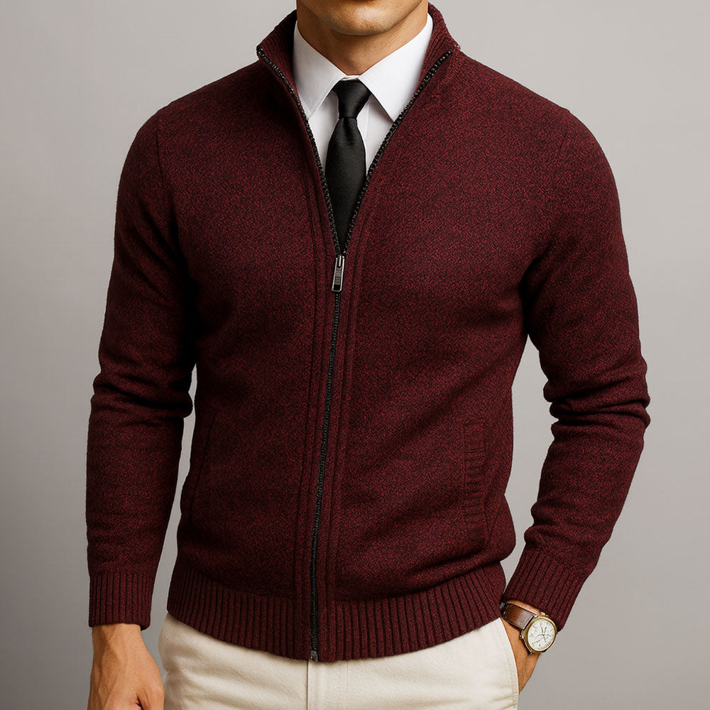 Theodore stand collar full zip knit cardigan in burgundy, front view close-up