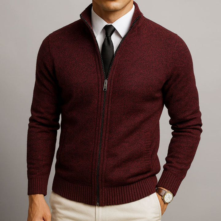 Theodore stand collar full zip knit cardigan in burgundy, front view close-up