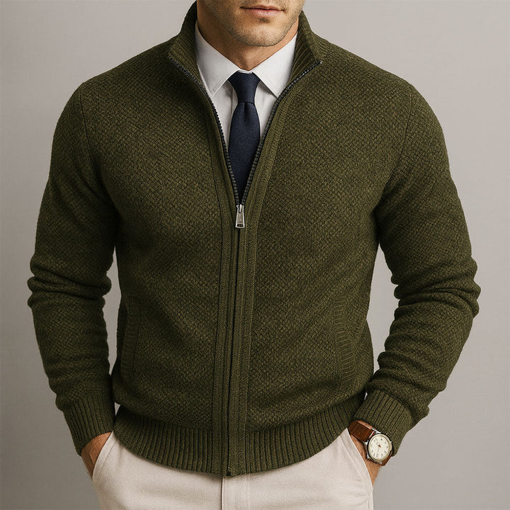 Theodore stand collar full zip knit cardigan in olive green, front view with navy tie