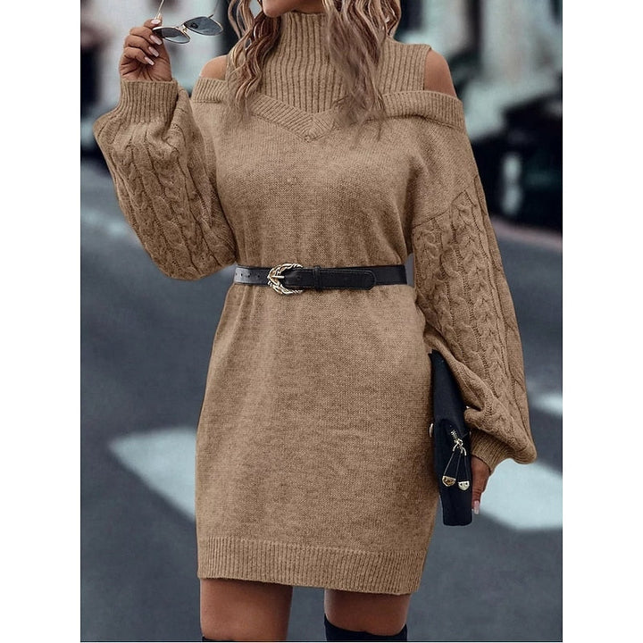 Thessaly sweater dress styled with a belt, front view