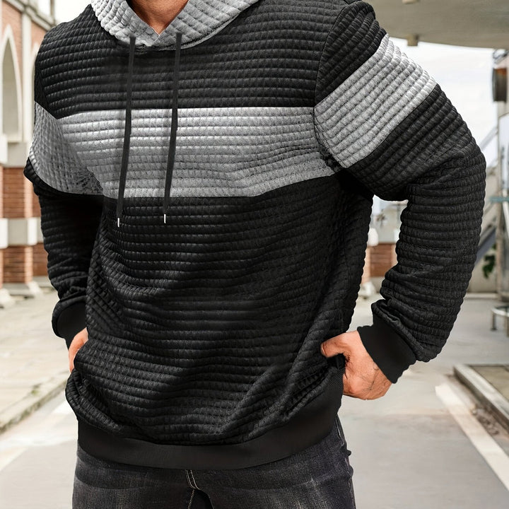 Tobias textured colorblock pullover hoodie in medium grey and black, front view close-up