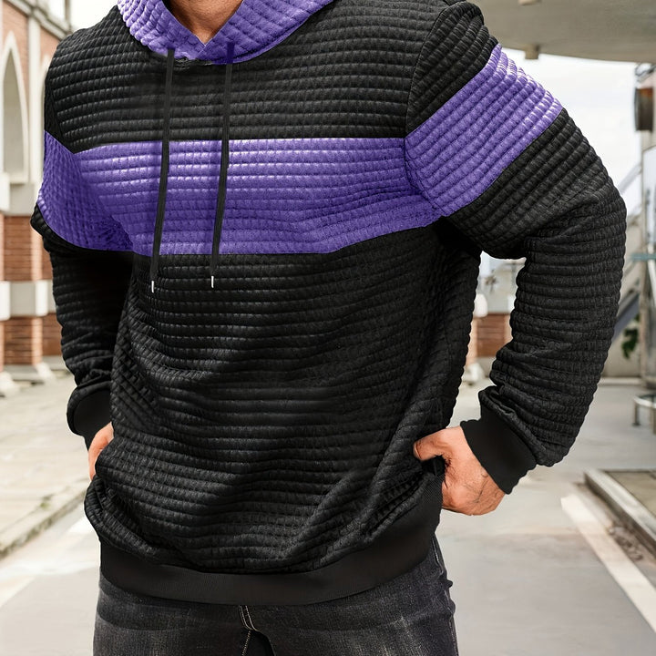 Tobias textured colorblock pullover hoodie in silvery grey and black, flat back view