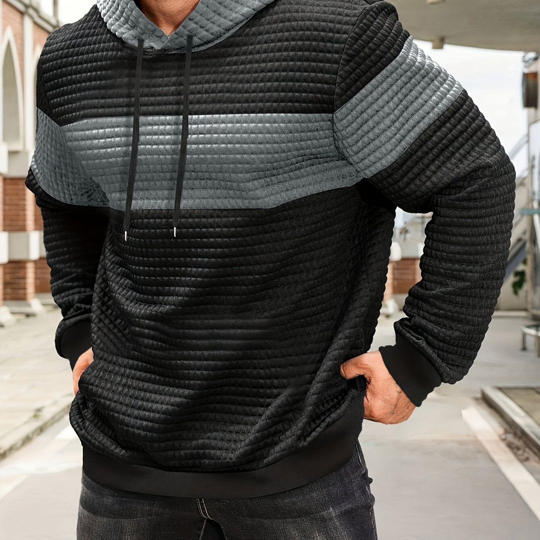 Tobias textured colorblock pullover hoodie in haze blue and black, flat back view