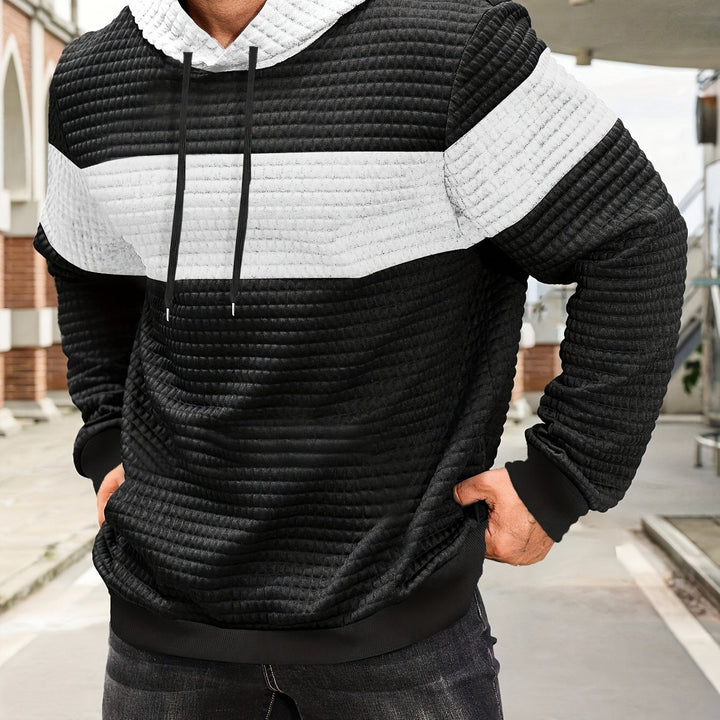 Tobias textured colorblock pullover hoodie in white and black, front view close-up