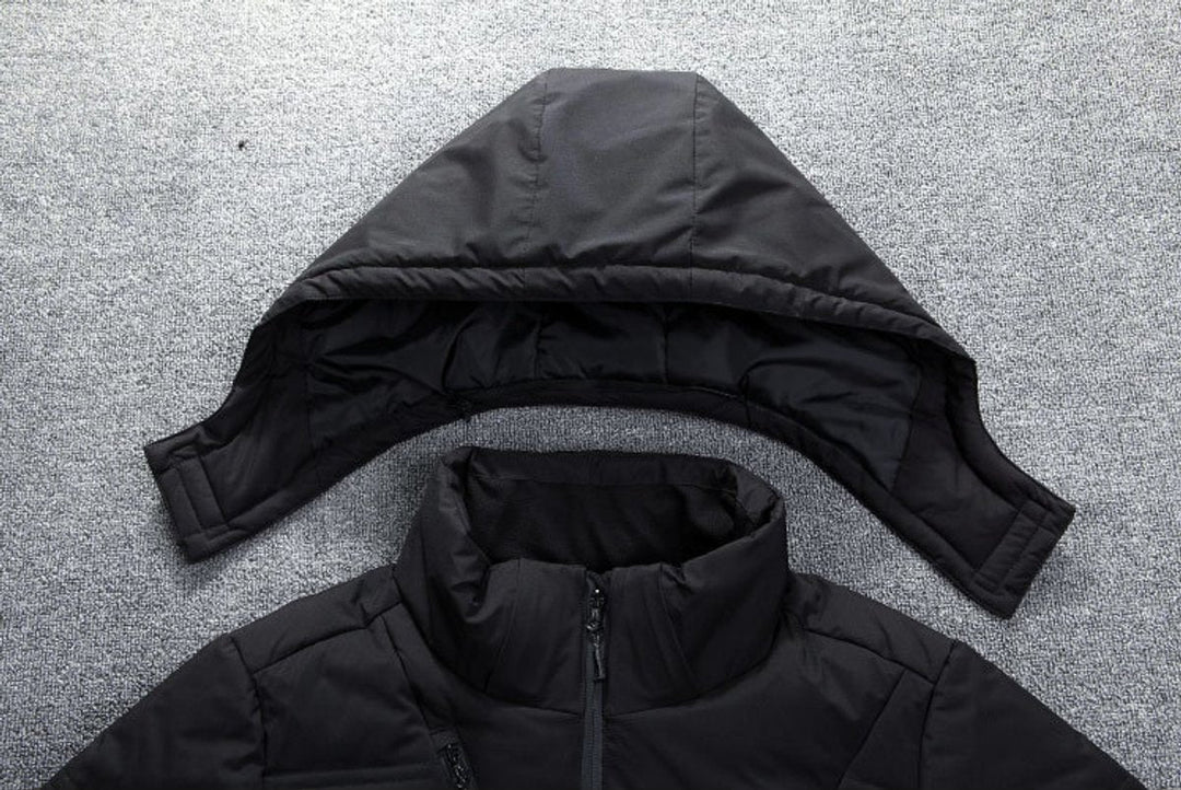 Vincent puffer jacket detachable hood laid flat beside collar