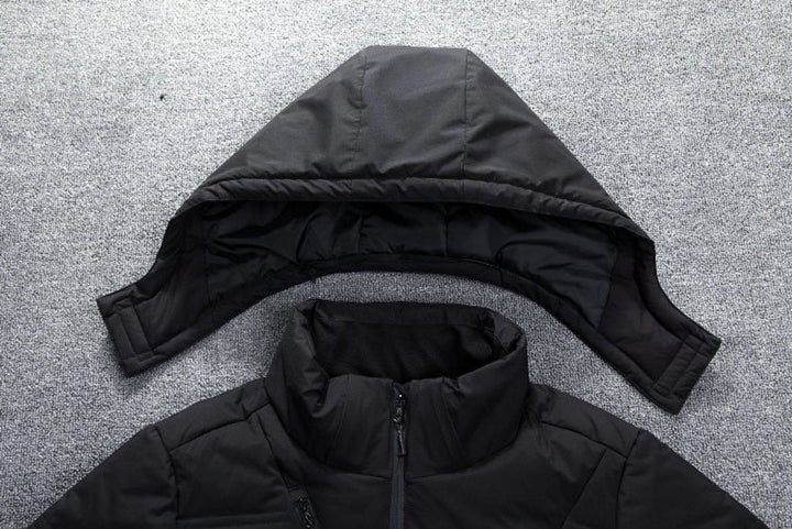 Vincent puffer jacket detachable hood laid flat beside collar