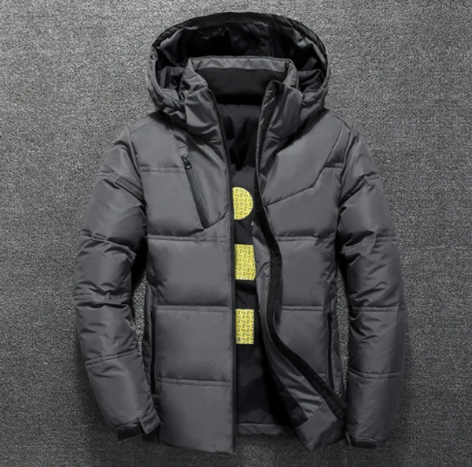 Vincent puffer jacket in gray, front view with hood attached