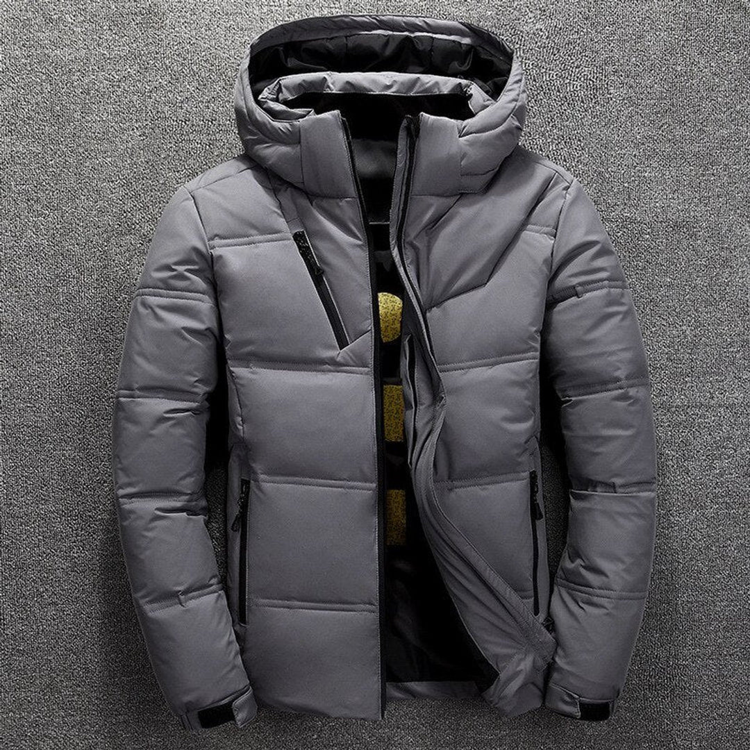 Vincent puffer jacket in light gray, front view with hood attached