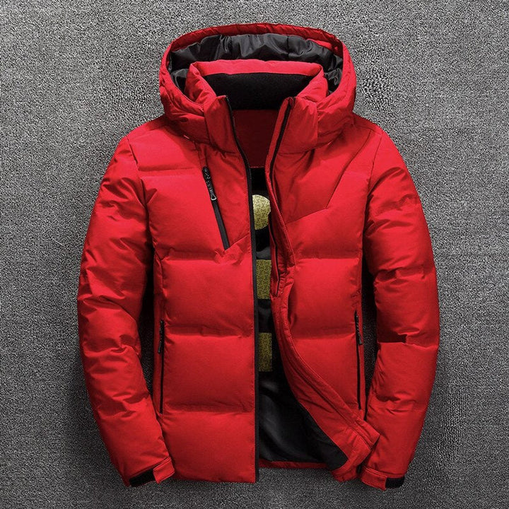 Vincent puffer jacket in red, front view with hood attached