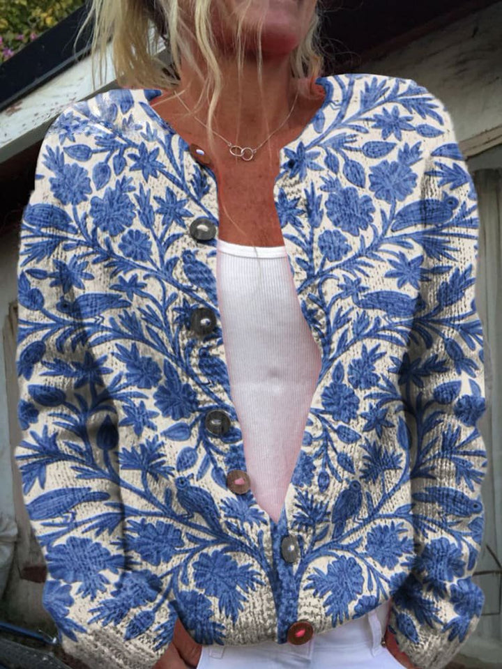 Vivienne blue floral print knit cardigan, front view close-up