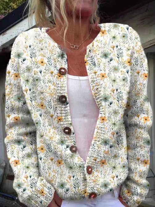 Vivienne yellow floral print knit cardigan, front view close-up