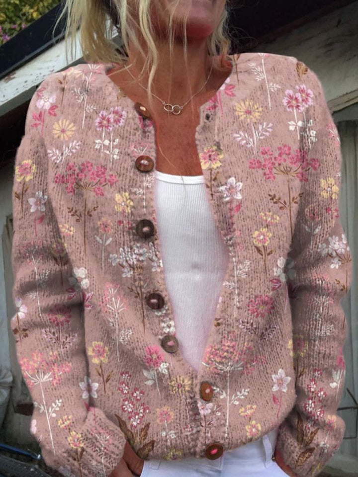 Vivienne pink floral print knit cardigan, front view close-up
