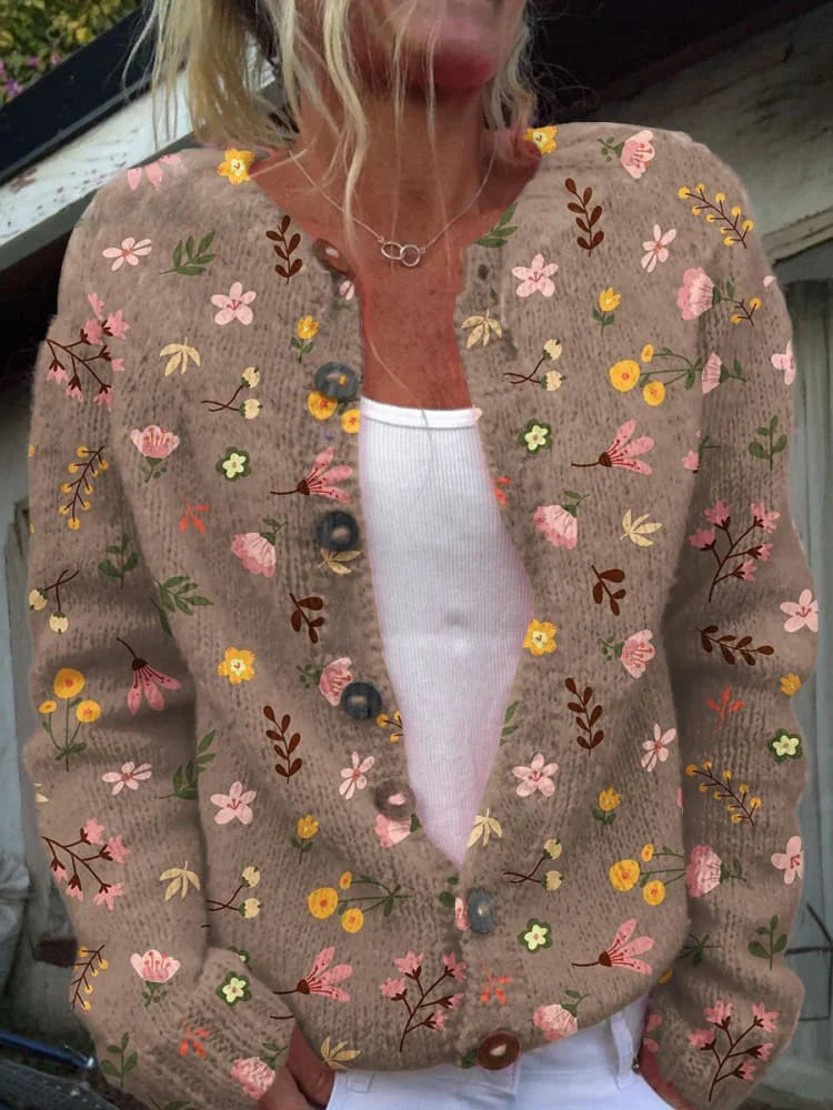 Vivienne brown floral print knit cardigan, front view close-up
