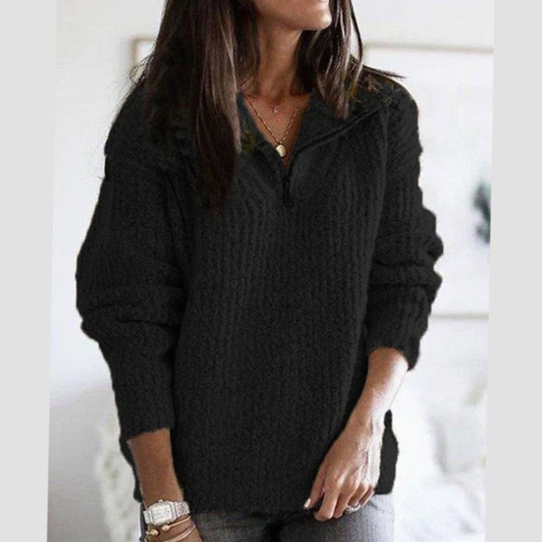Vivienne black quarter-zip ribbed knit pullover sweater, front close-up view