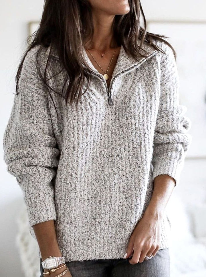 Vivienne light grey quarter-zip ribbed knit pullover sweater, front close-up view