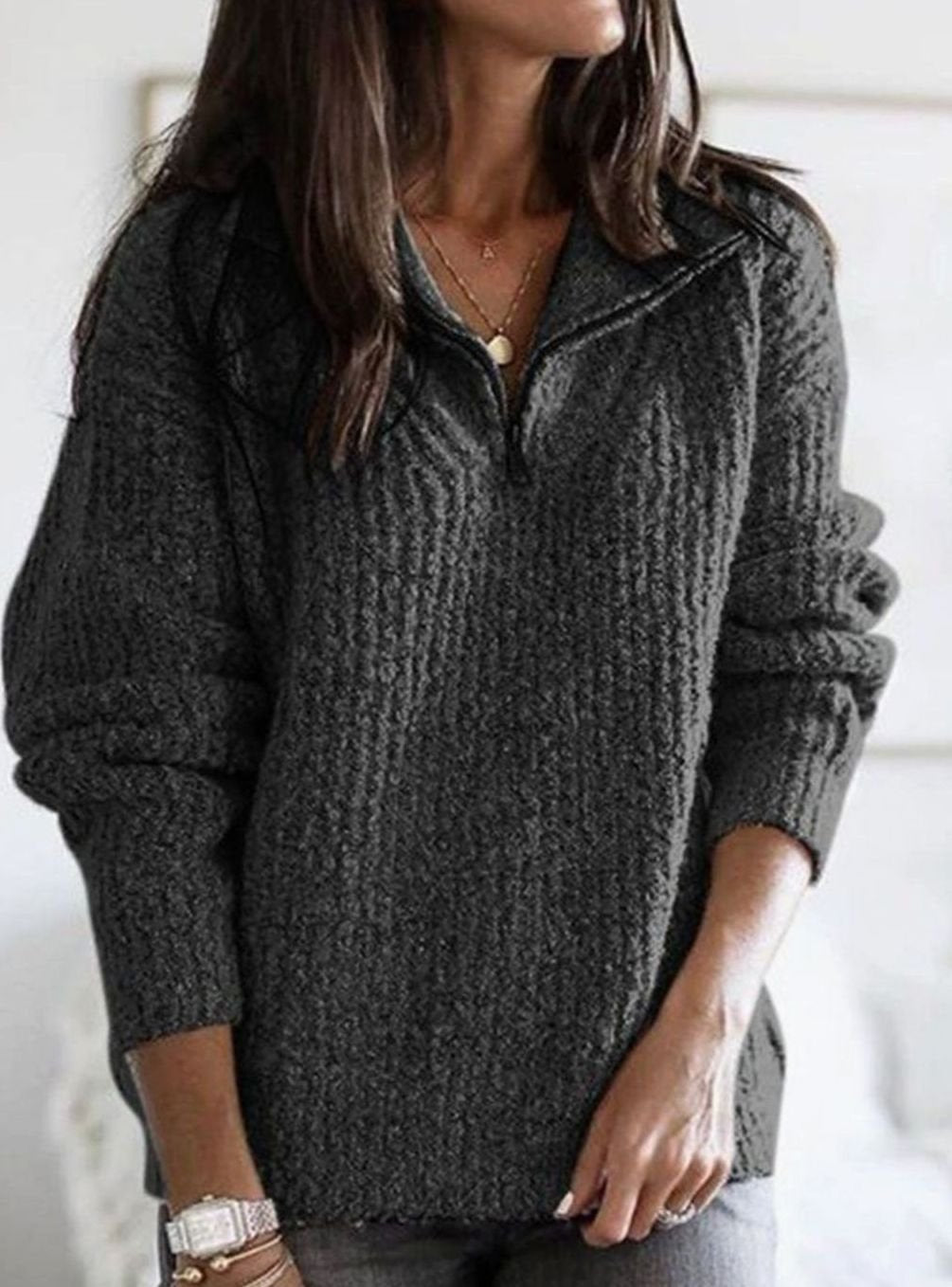 Vivienne black quarter-zip ribbed knit pullover sweater, alternate front view