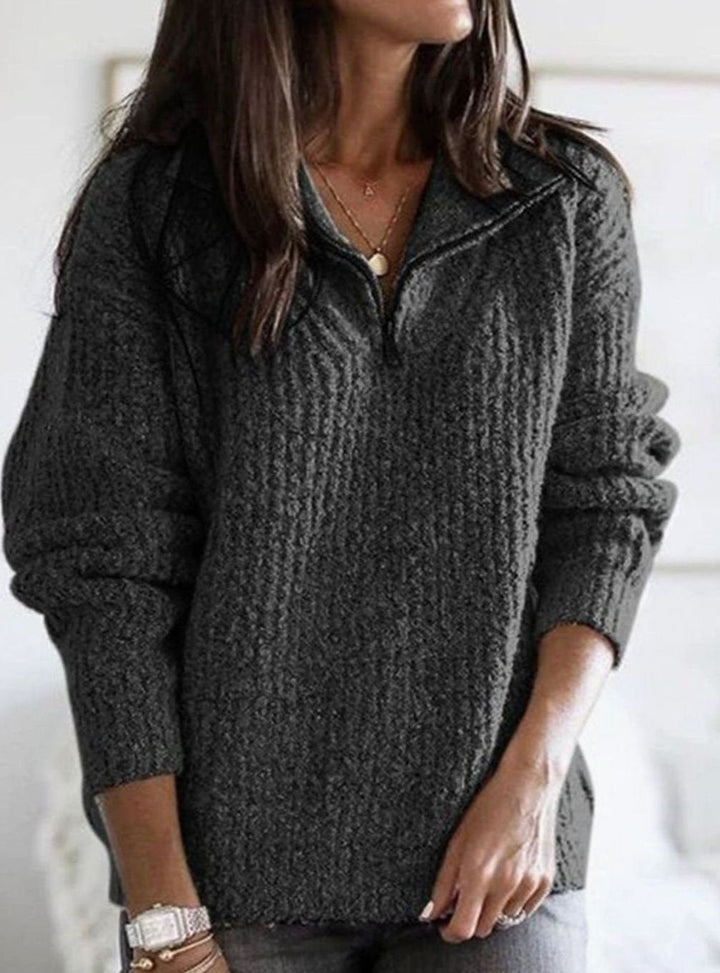 Vivienne black quarter-zip ribbed knit pullover sweater, alternate front view