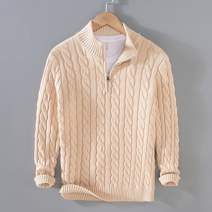Wesley beige cable knit quarter zip sweater on hanger, front view