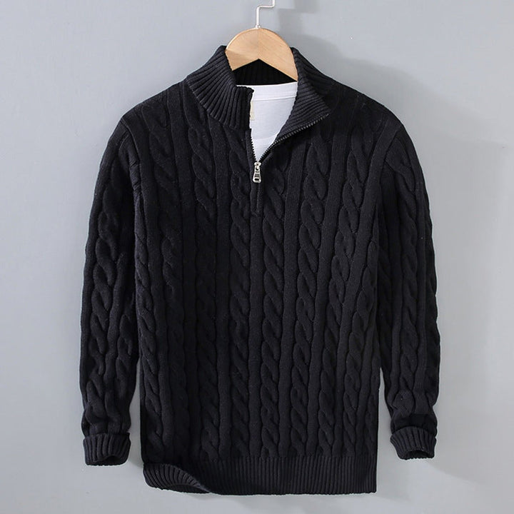 Wesley black cable knit quarter zip sweater on hanger, front view