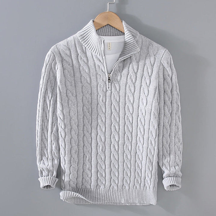 Wesley gray cable knit quarter zip sweater on hanger, front view