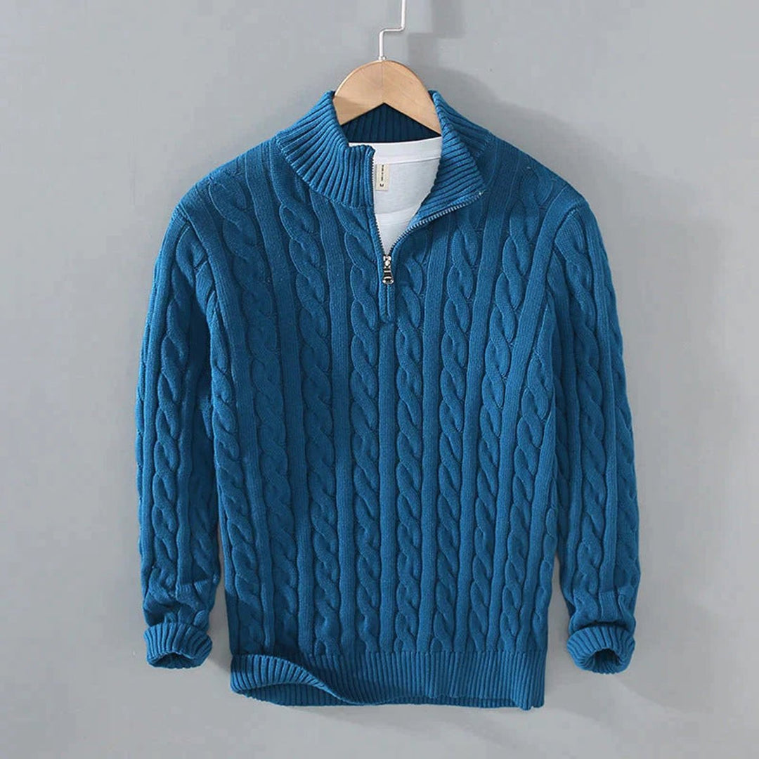 Wesley teal cable knit quarter zip sweater on hanger, front view