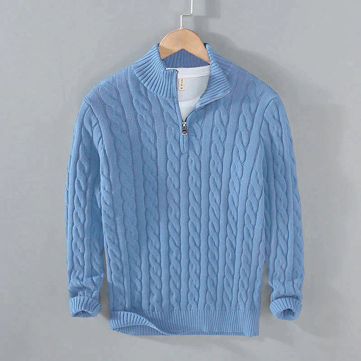 Wesley light blue cable knit quarter zip sweater on hanger, front view
