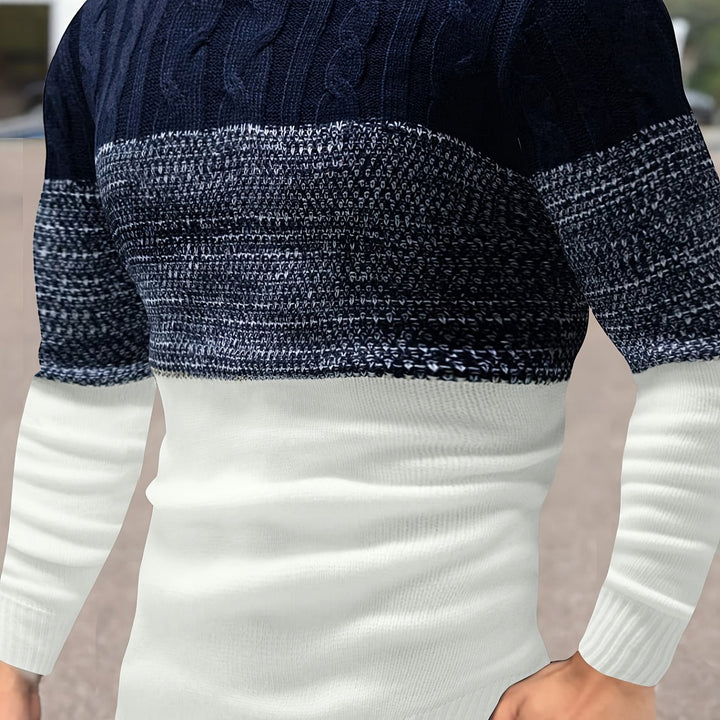 Weston color-block crew neck sweater, close-up back detail on model