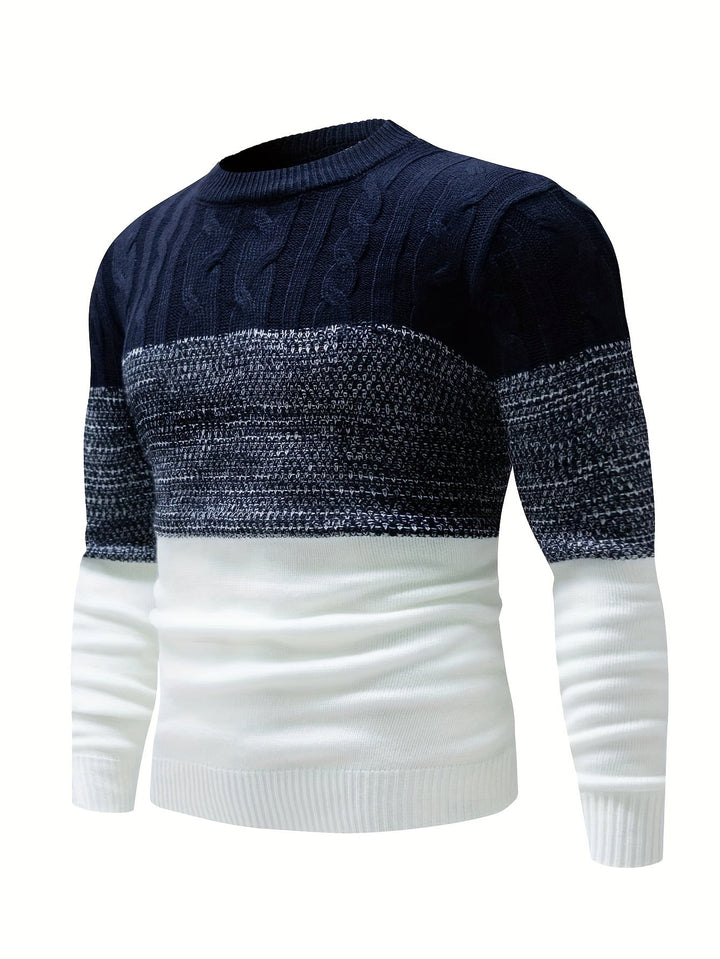 Weston navy and white color-block crew neck sweater, front view on model