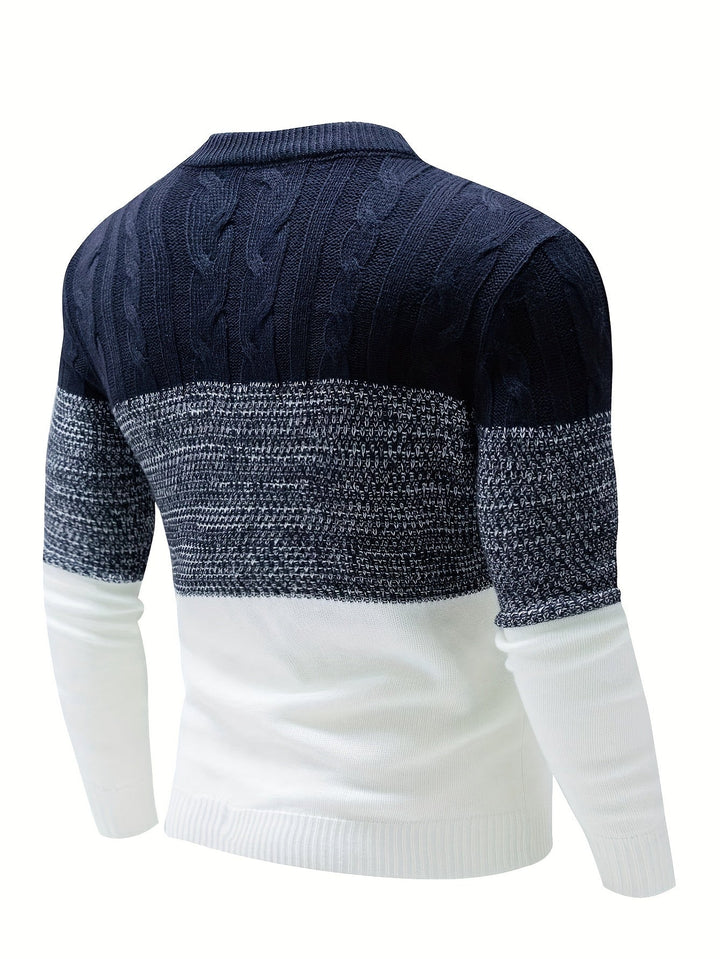 Weston navy and white color-block crew neck sweater, back view on model