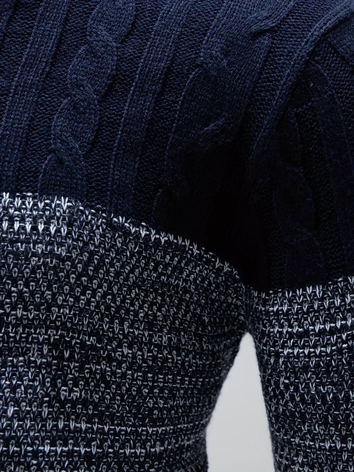 Close-up of textured marled knit band on Weston sweater