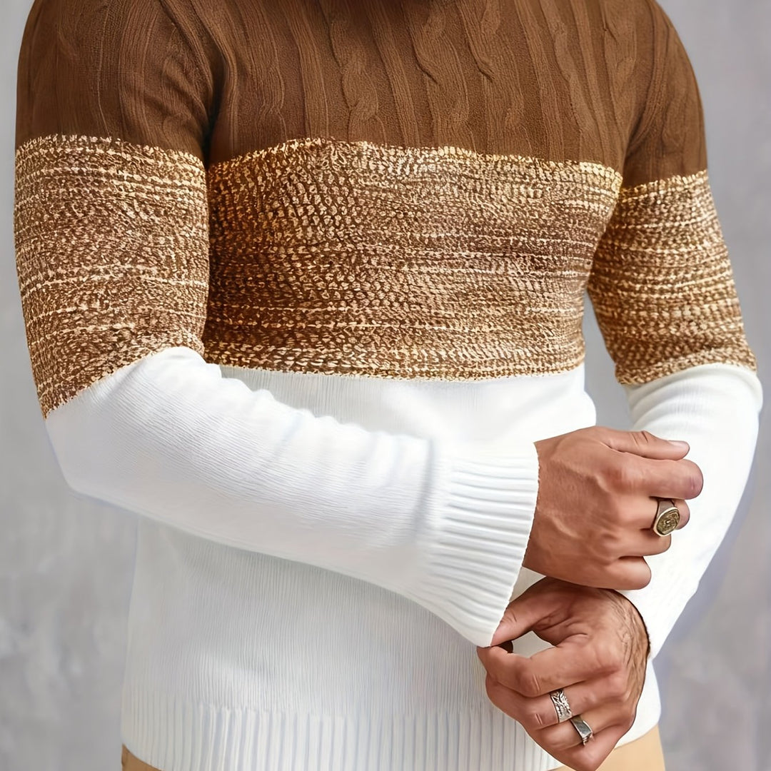 Weston camel color-block sweater, close-up detail on model