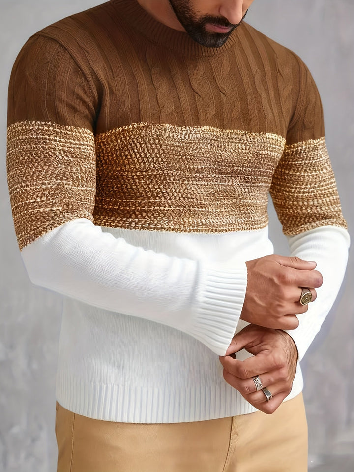Weston camel color-block sweater, front view on model