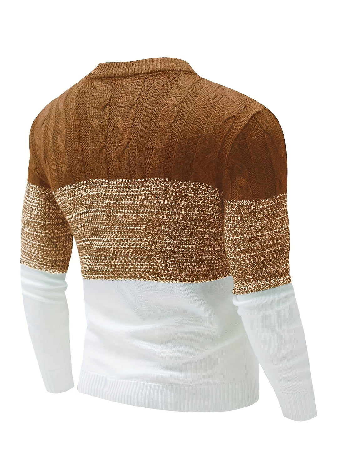 Weston camel color-block sweater, back view on model