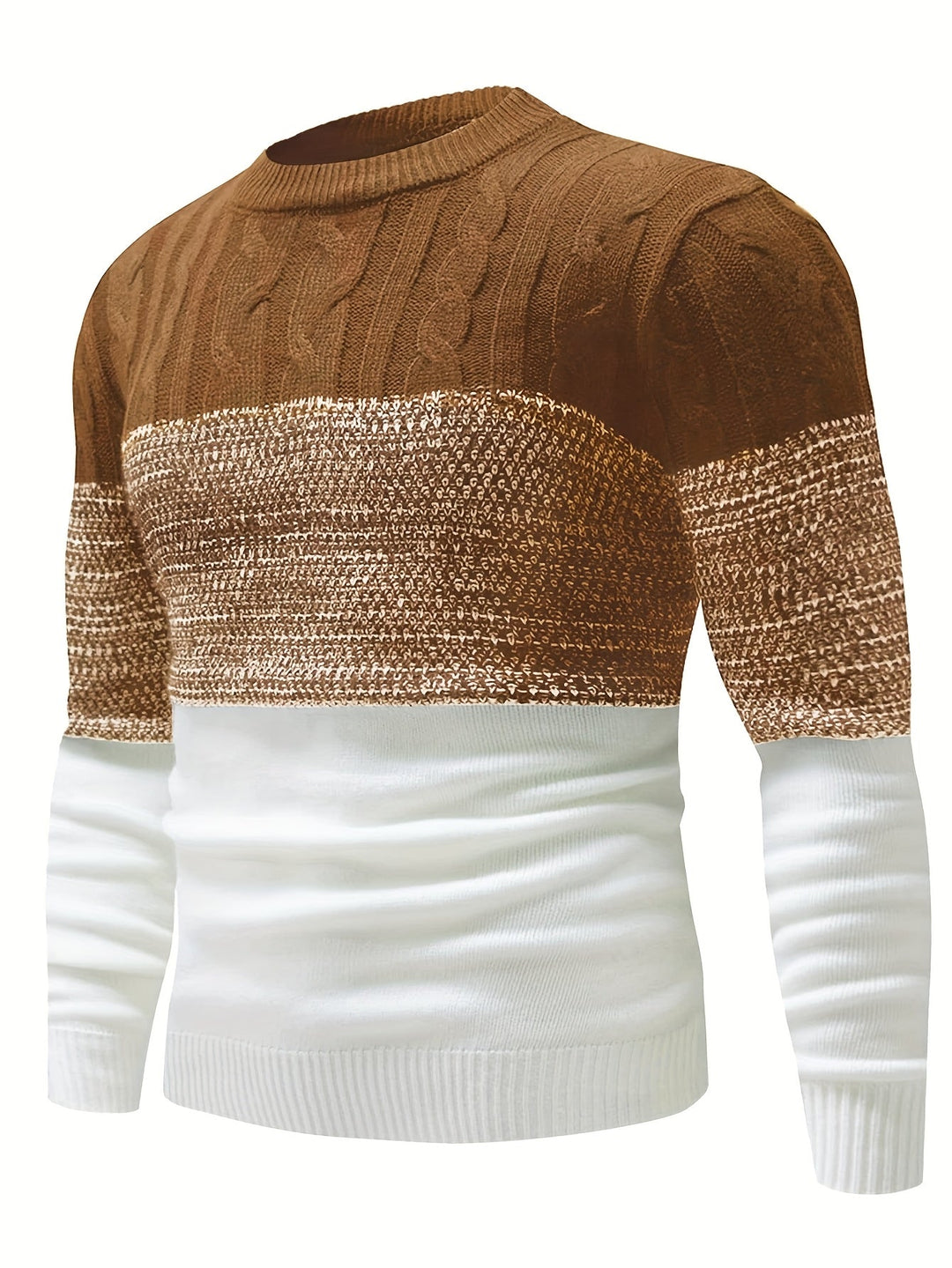 Weston camel color-block sweater, close-up shoulder detail
