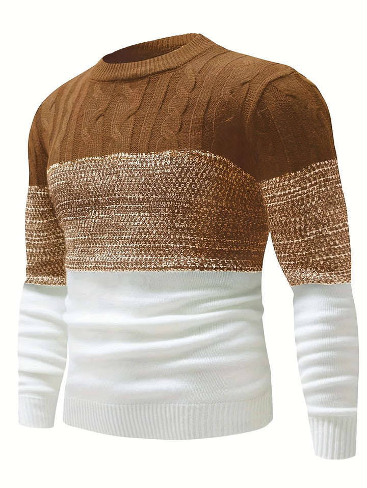 Weston camel color-block sweater, close-up shoulder detail