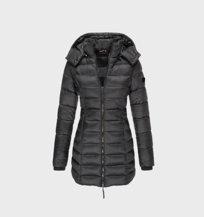 Wilhelmina hooded quilted long puffer coat in black, front view