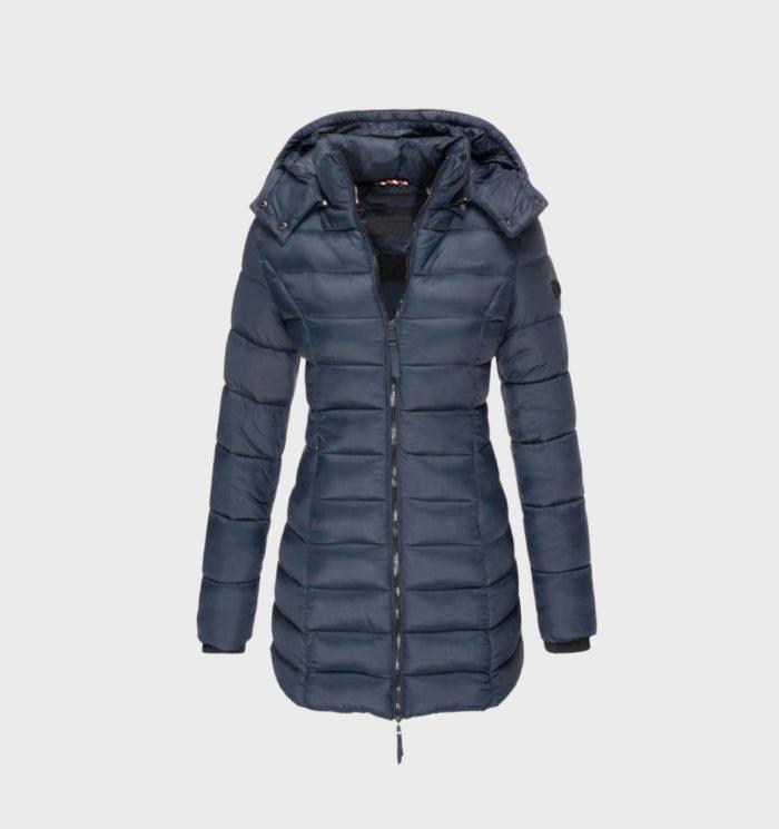Wilhelmina hooded quilted long puffer coat in navy, front view