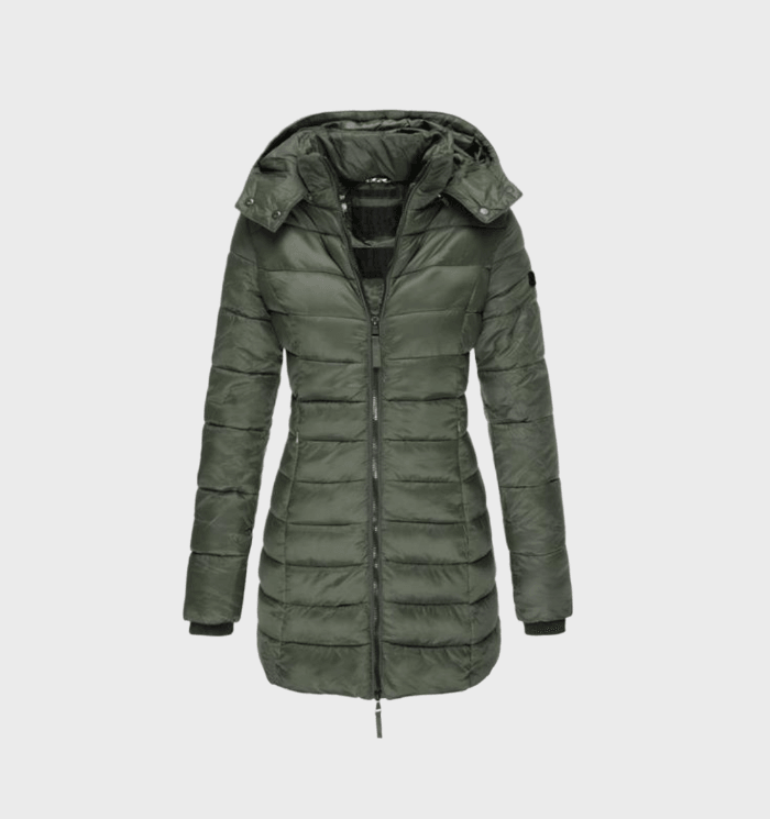 Wilhelmina hooded quilted long puffer coat in green, front view