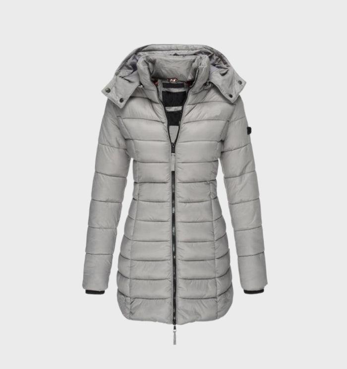 Wilhelmina hooded quilted long puffer coat in gray, front view