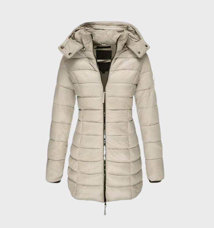 Wilhelmina hooded quilted long puffer coat in gray, front view