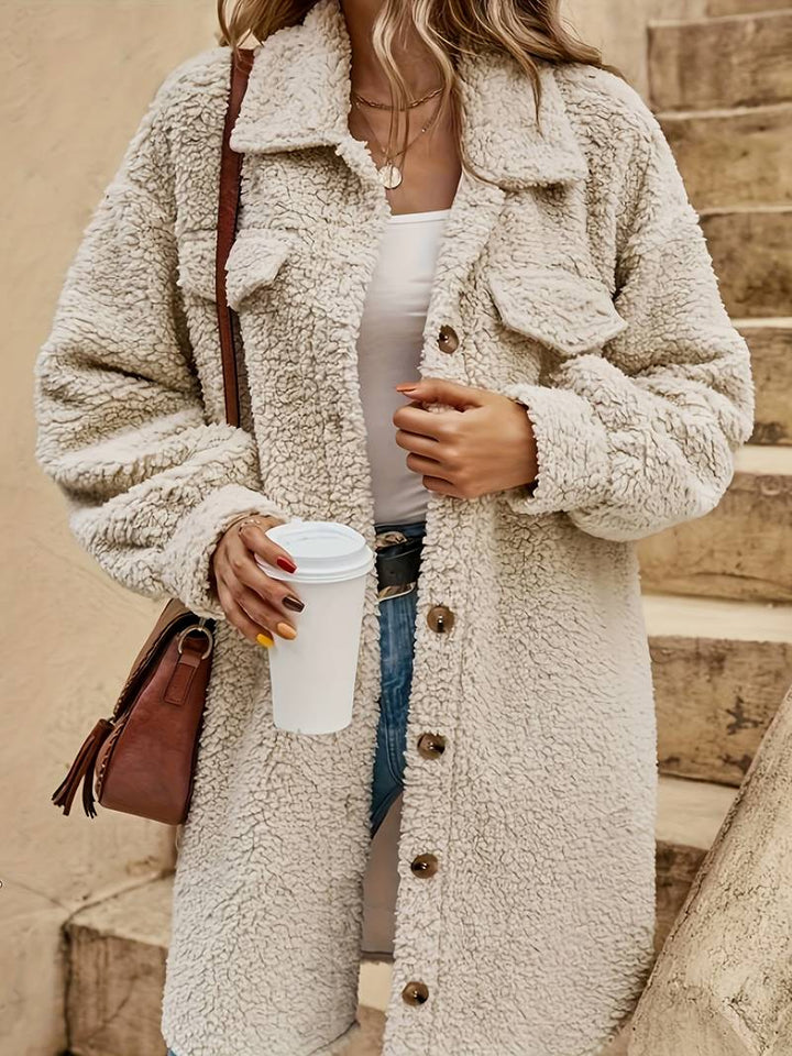 Wilhelmina button down teddy coat, close-up front detail