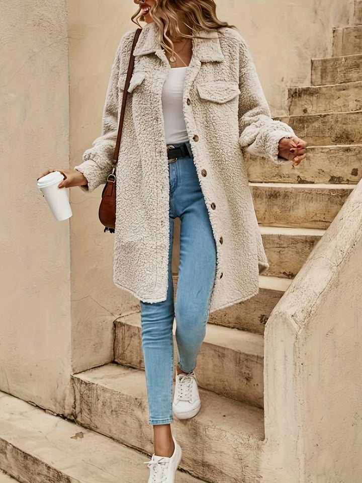 Wilhelmina oversized teddy coat styled with jeans, full length