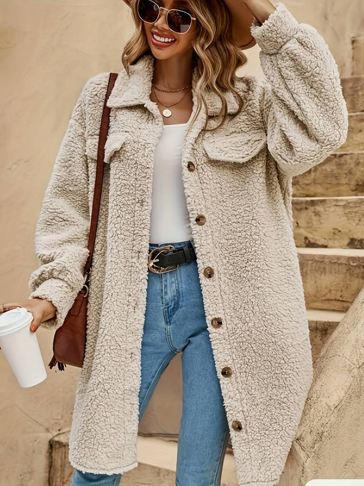 Wilhelmina collared teddy coat, front view with accessories