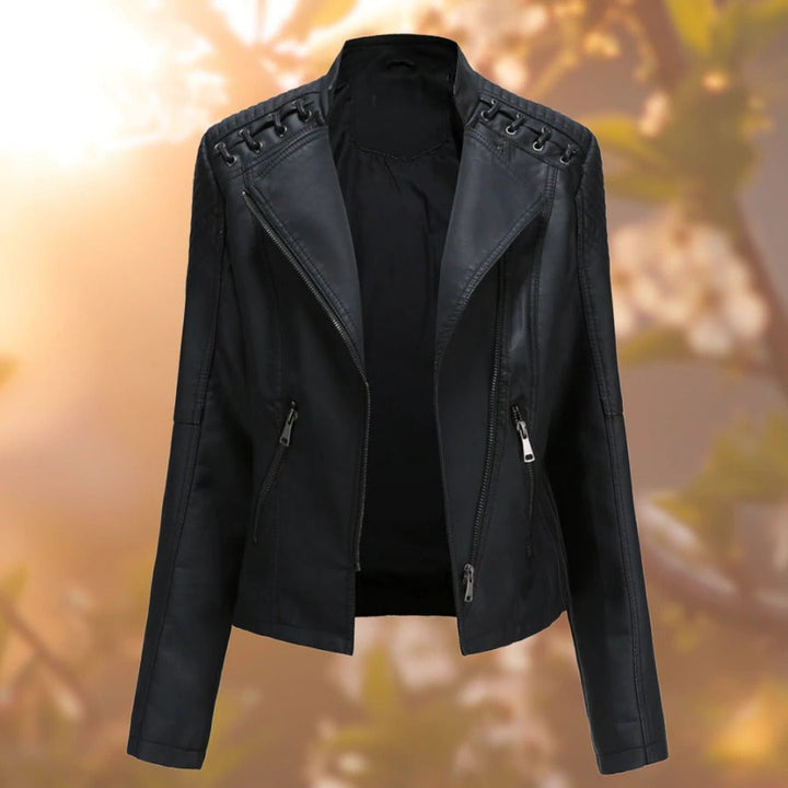 Wilhelmina black faux leather moto jacket with lace-up shoulder detail, front view