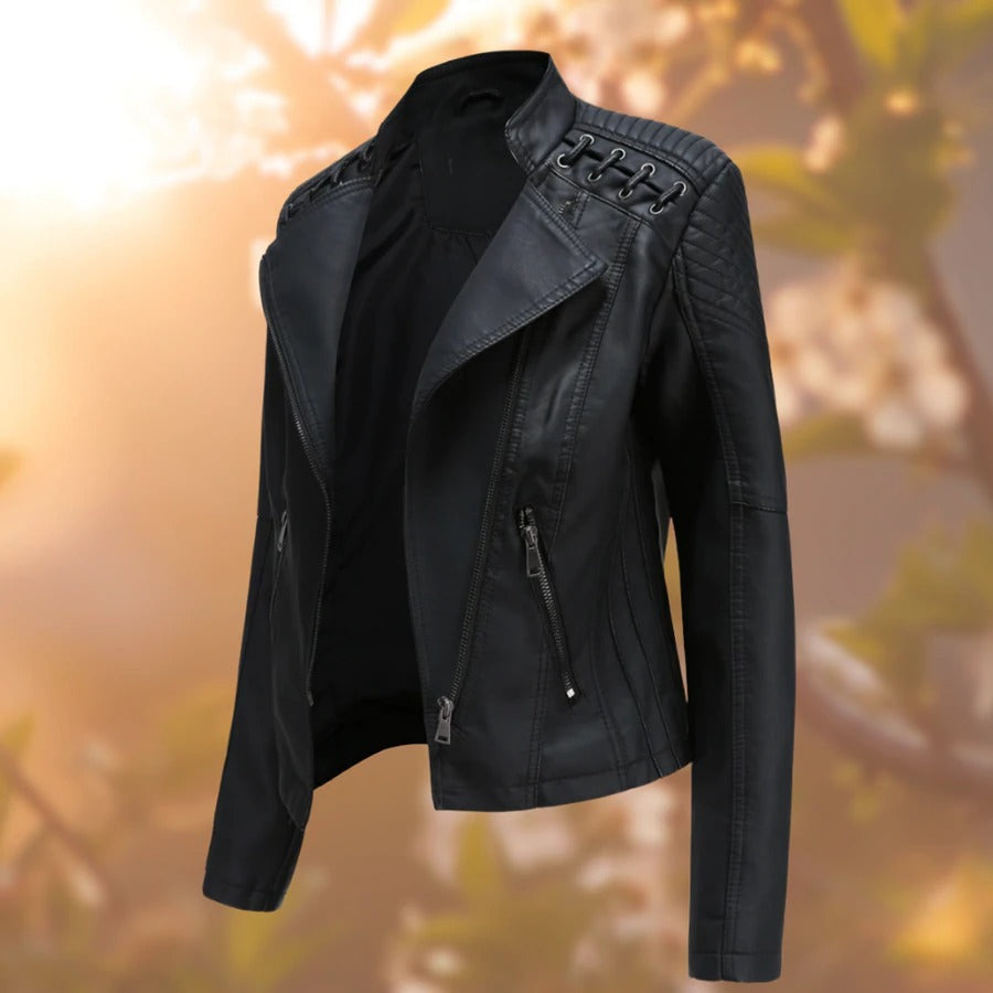 Wilhelmina black faux leather moto jacket, side angle view