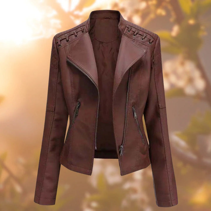 Wilhelmina faux leather moto jacket in deep burgundy, front view