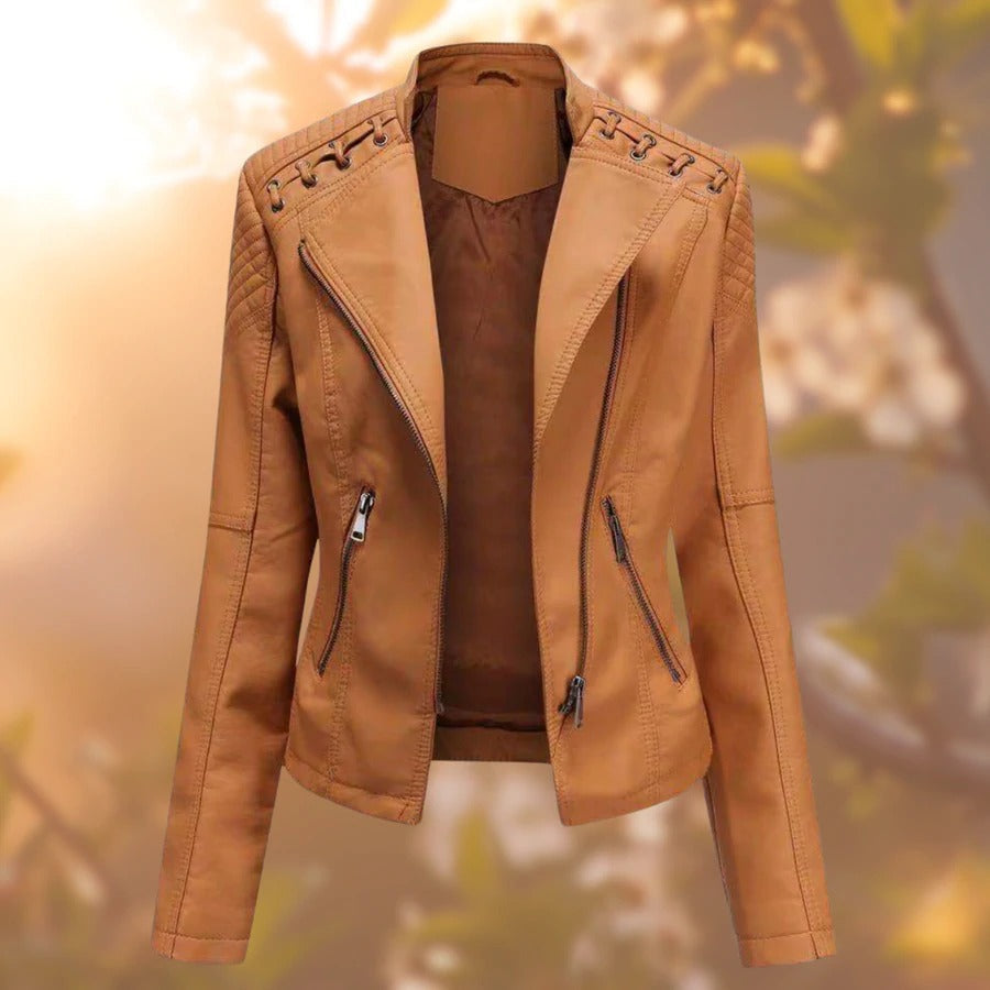 Wilhelmina faux leather moto jacket in camel, front view