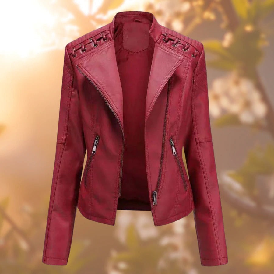 Wilhelmina faux leather moto jacket in camel, front view