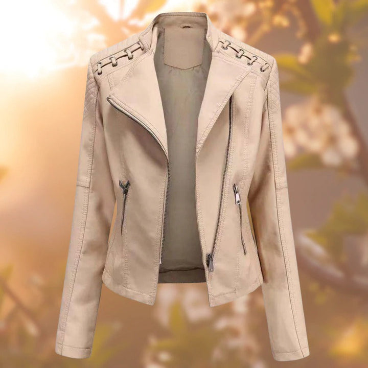Wilhelmina faux leather moto jacket in camel, front view